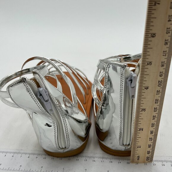 YDN Silver Sexy Gladiator Sandals Square Open Toe Zippers Strappy Flats Shoes - Picture 5 of 8